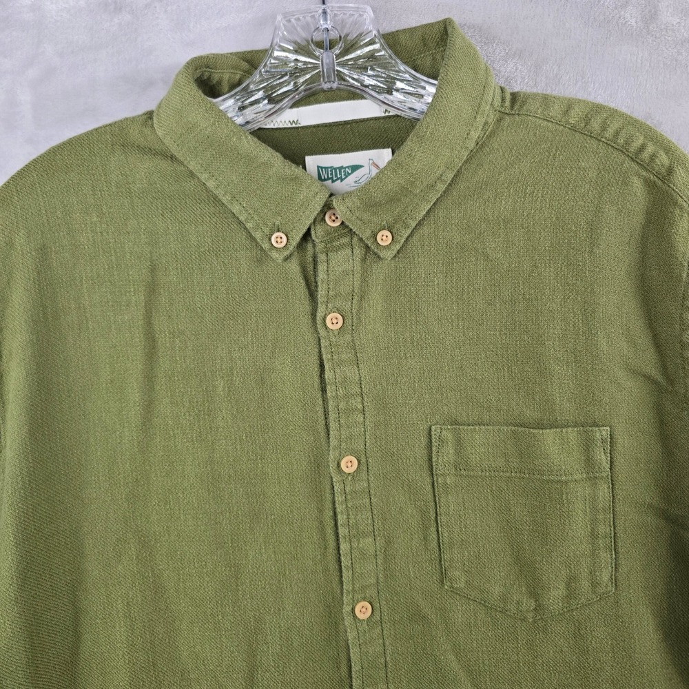Wellen Button Down Shirt Mens Large Green Organic Cotton Long Sleeve Textured